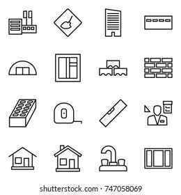 thin line icon set : store, under construction, skyscraper, bunker, hangare, window, block wall, brick, measuring tape, level, architector, home, water tap