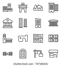thin line icon set : store, arch, project, houses, library, skyscrapers, skyscraper, airport building, church, slum, modular house, panel, school, window, loading, shop