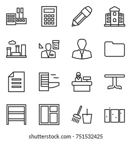 thin line icon set : store, calculator, pencil, building, city, architector, client, documents, document, hotel, reception, table, rack, window, bucket and broom, clean