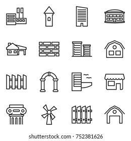 thin line icon set : store, tower, skyscraper, airport building, house with garage, brick wall, district, fence, arch, hotel, shop, antique column, windmill, barn