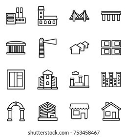 thin line icon set : store, mansion, bridge, airport building, lighthouse, houses, panel house, window, city, palace, arch, office, shop, home