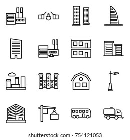 thin line icon set : store, drawbridge, skyscrapers, skyscraper, mall, modular house, district, city, palace, outdoor light, office, loading, bus, sweeper
