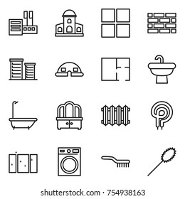 thin line icon set : store, mansion, window, brick wall, district, dome house, plan, sink, bath, dresser, radiator, elecric oven, clean, washing machine, brush, duster