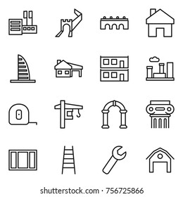 thin line icon set : store, greate wall, bridge, home, skyscraper, house with garage, modular, city, measuring tape, tower crane, arch, antique column, window, stairs, wrench, barn
