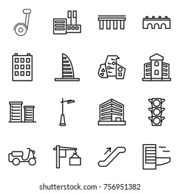 Thin line icon set : store, bridge, building, skyscraper, modern architecture, district, outdoor light, office, traffic, scooter shipping, loading, escalator, hotel