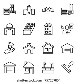 Thin line icon set : store, castle, drawbridge, mall, minaret, brick, arch window, architector, real estate, bungalow, home, garage, house, skysrcapers cleaning, scraper