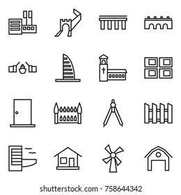 Thin line icon set : store, greate wall, bridge, drawbridge, skyscraper, church, panel house, door, gothic architecture, drawing compasses, fence, hotel, home, windmill, barn