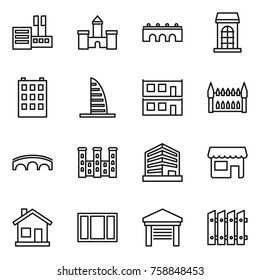 Thin Line Icon Set : Store, Castle, Bridge, Building, Skyscraper, Modular House, Gothic Architecture, Palace, Office, Shop, Home, Window, Garage, Fence