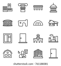 Thin line icon set : store, column, bridge, goverment house, airport building, slum, hangare, with garage, window, door, fort, city, architector, office