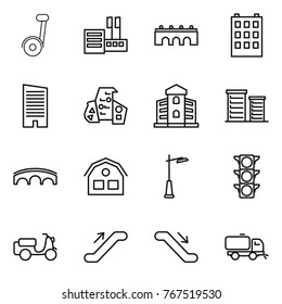 Thin line icon set : store, bridge, building, skyscraper, modern architecture, district, house, outdoor light, traffic, scooter shipping, escalator, sweeper