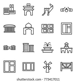 Thin line icon set : store, arch, greate wall, drawbridge, airport building, minaret, panel house, window, school, district, fountain, fort, windmill, farm fence