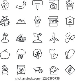 Thin Line Icon Set - storm cloud vector, flower in pot, tree, wheelbarrow, sproute, lady bug, well, plant label, pumpkin, seeds, caterpillar, bird house, fertilizer, tulip, photo gallery, pond, eco