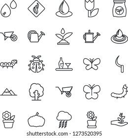 Thin Line Icon Set - storm cloud vector, flower in pot, tree, watering can, wheelbarrow, butterfly, lady bug, water drop, sickle, pumpkin, caterpillar, fertilizer, tulip, mountains, alcohol