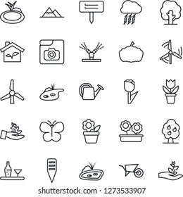 Thin Line Icon Set - storm cloud vector, flower in pot, tree, watering can, wheelbarrow, butterfly, plant label, pumpkin, pond, tulip, photo gallery, windmill, fruit, mountains, alcohol, eco house