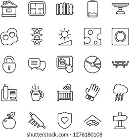 Thin Line Icon Set - storm cloud vector, lock, fence, glove, house, picnic table, heart shield, traffic light, dialog, radio phone, low battery, record, brightness, coffee, pie graph, garage, plan
