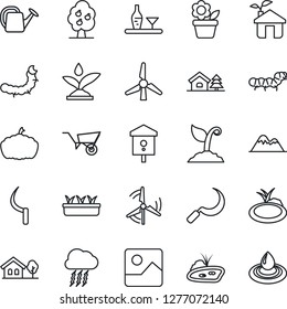 Thin Line Icon Set - storm cloud vector, flower in pot, watering can, wheelbarrow, sproute, seedling, sickle, pumpkin, caterpillar, pond, bird house, gallery, with tree, windmill, fruit, mountains