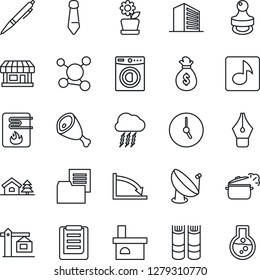Thin Line Icon Set - storm cloud vector, office building, book, tie, fireplace, molecule, store, clipboard, folder document, satellite antenna, clock, music, ink pen, stamp, house with tree, washer