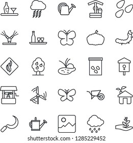 Thin Line Icon Set - storm cloud vector, watering can, wheelbarrow, butterfly, rain, well, sickle, pumpkin, seeds, caterpillar, pond, bird house, gallery, windmill, fruit tree, alcohol, eco