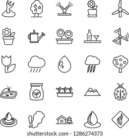 Thin Line Icon Set - storm cloud vector, flower in pot, watering can, sproute, lady bug, seedling, water drop, rain, fertilizer, tulip, house with tree, pond, windmill, fruit, mountains, alcohol