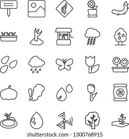 Thin Line Icon Set - storm cloud vector, tree, sproute, butterfly, seedling, water drop, rain, well, plant label, pumpkin, seeds, caterpillar, pond, fertilizer, tulip, gallery, windmill, fruit, palm