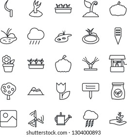 Thin Line Icon Set - storm cloud vector, flower in pot, watering can, sproute, seedling, rain, well, sickle, plant label, pumpkin, pond, fertilizer, tulip, gallery, windmill, fruit tree, mountains