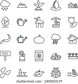 Thin Line Icon Set - storm cloud vector, watering can, lady bug, seedling, water drop, rain, well, sickle, plant label, pumpkin, seeds, fertilizer, tulip, house with tree, pond, fruit, mountains