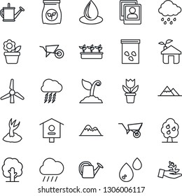 Thin Line Icon Set - storm cloud vector, flower in pot, tree, watering can, wheelbarrow, sproute, seedling, water drop, rain, seeds, bird house, fertilizer, photo gallery, windmill, fruit, mountains