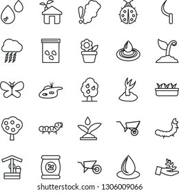 Thin Line Icon Set - storm cloud vector, flower in pot, wheelbarrow, sproute, butterfly, lady bug, seedling, water drop, well, sickle, seeds, caterpillar, fertilizer, pond, fruit tree, eco house
