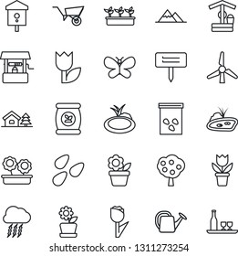 Thin Line Icon Set - storm cloud vector, flower in pot, watering can, wheelbarrow, butterfly, seedling, well, plant label, seeds, pond, bird house, fertilizer, tulip, with tree, windmill, fruit