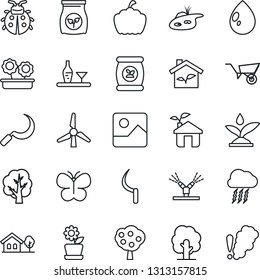 Thin Line Icon Set - storm cloud vector, tree, wheelbarrow, butterfly, lady bug, water drop, sickle, pumpkin, fertilizer, gallery, house with, pond, windmill, fruit, flower in pot, alcohol, eco