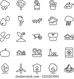 Thin Line Icon Set - storm cloud vector, flower in pot, tree, wheelbarrow, sproute, butterfly, rain, pumpkin, seeds, caterpillar, bird house, fertilizer, tulip, with, pond, windmill, fruit, alcohol