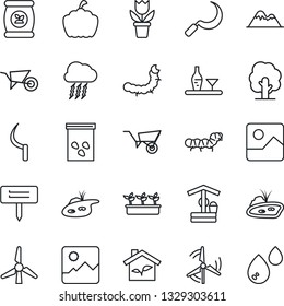 Thin Line Icon Set - storm cloud vector, flower in pot, tree, wheelbarrow, seedling, well, sickle, plant label, pumpkin, seeds, caterpillar, fertilizer, gallery, pond, windmill, mountains, alcohol