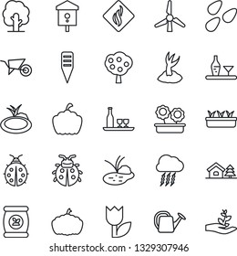 Thin Line Icon Set - storm cloud vector, tree, watering can, wheelbarrow, sproute, lady bug, seedling, plant label, pumpkin, seeds, pond, bird house, fertilizer, tulip, with, windmill, fruit, palm