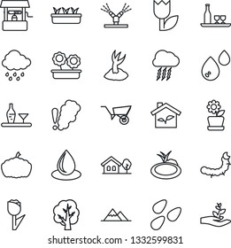 Thin Line Icon Set - storm cloud vector, tree, wheelbarrow, sproute, seedling, water drop, rain, well, pumpkin, seeds, caterpillar, pond, tulip, house with, mountains, flower in pot, alcohol, eco