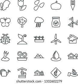 Thin Line Icon Set - storm cloud vector, watering can, sproute, butterfly, lady bug, seedling, water drop, well, plant label, pumpkin, seeds, fertilizer, tulip, house with tree, windmill, fruit, eco