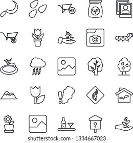 Thin Line Icon Set - storm cloud vector, flower in pot, tree, wheelbarrow, sickle, seeds, caterpillar, pond, bird house, fertilizer, tulip, gallery, photo, fruit, mountains, alcohol, eco
