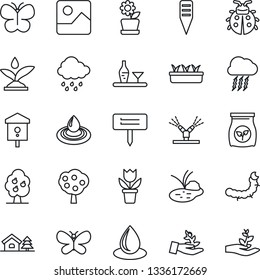 Thin Line Icon Set - storm cloud vector, flower in pot, butterfly, lady bug, seedling, water drop, rain, plant label, caterpillar, pond, bird house, fertilizer, gallery, with tree, fruit, alcohol
