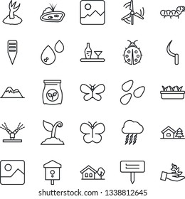 Thin Line Icon Set - storm cloud vector, sproute, butterfly, lady bug, seedling, sickle, plant label, seeds, caterpillar, bird house, fertilizer, gallery, with tree, pond, windmill, mountains, water