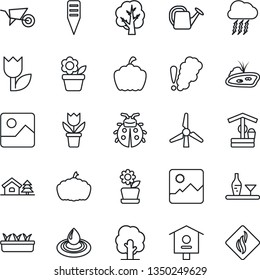 Thin Line Icon Set - storm cloud vector, flower in pot, tree, watering can, wheelbarrow, lady bug, seedling, well, plant label, pumpkin, bird house, tulip, gallery, with, pond, windmill, alcohol