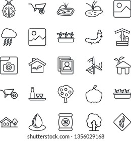 Thin Line Icon Set - storm cloud vector, tree, wheelbarrow, lady bug, seedling, water drop, well, pumpkin, caterpillar, pond, fertilizer, gallery, photo, house with, windmill, fruit, alcohol, eco
