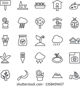 Thin Line Icon Set - storm cloud vector, flower in pot, tree, sproute, lady bug, seedling, rain, well, sickle, plant label, pond, bird house, fertilizer, photo gallery, with, fruit, mountains, palm