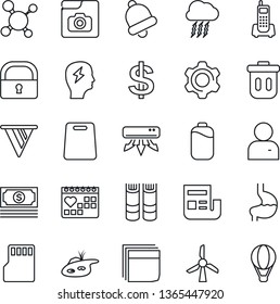 Thin Line Icon Set - storm cloud vector, dollar sign, book, brainstorm, molecule, stomach, medical calendar, cash, office phone, settings, user, bell, sd, lock, photo gallery, battery, news, pond
