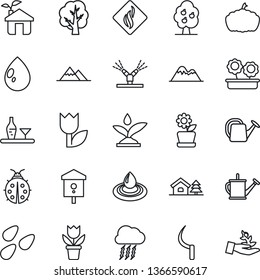 Thin Line Icon Set - storm cloud vector, flower in pot, tree, watering can, lady bug, water drop, sickle, pumpkin, seeds, bird house, tulip, with, fruit, mountains, alcohol, eco, irrigation