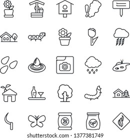 Thin Line Icon Set - storm cloud vector, flower in pot, tree, butterfly, rain, well, sickle, plant label, seeds, caterpillar, bird house, fertilizer, tulip, photo gallery, with, pond, alcohol, eco