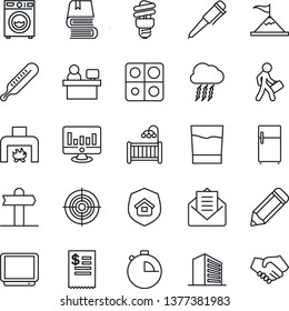 Thin Line Icon Set - storm cloud vector, office building, pen, manager place, statistic monitor, pencil, thermometer, signpost, tv, mail, stopwatch, application, target, book, children room, washer