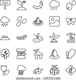 Thin Line Icon Set - storm cloud vector, tree, sproute, butterfly, lady bug, water drop, rain, well, plant label, seeds, caterpillar, pond, tulip, gallery, mountains, eco house, irrigation