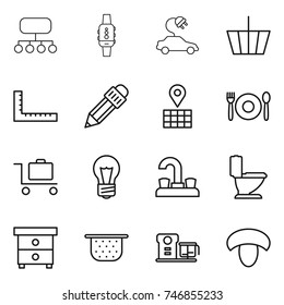 thin line icon set : structure, smart watch, electric car, basket, ruler, pencil, map, cafe, baggage trolley, bulb, water tap, toilet, nightstand, colander, food processor, mushroom