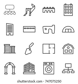 thin line icon set : structure, greate wall, bridge, building, skyscraper, bunker, slum, hangare, district, construction, plan, house, arch, office, washing machine, hierarchy