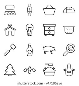 thin line icon set : structure, smart watch, basket, greenhouse, bungalow, bulb, nightstand, colander, meat hammer, ketchup, pig, viruses, spruce, hard reach place cleaning, washing powder, apron