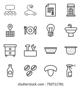 thin line icon set : structure, electric car, account balance, building, map, cafe, bulb, sink, nightstand, repair tools, colander, ketchup, coffee seeds, mushroom, sprayer